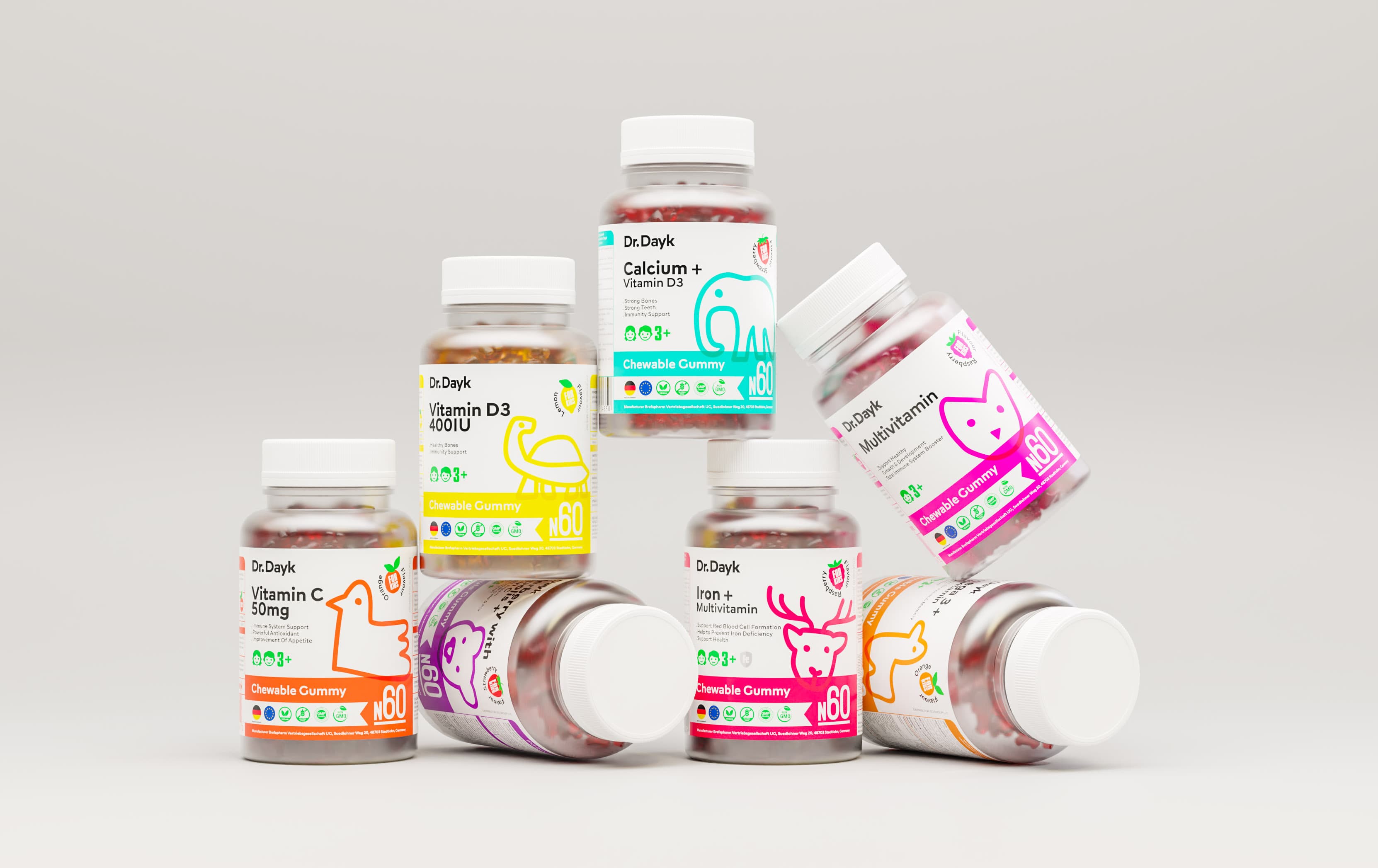 Dr. Dayk vitamin bottles arranged in a product lineup.